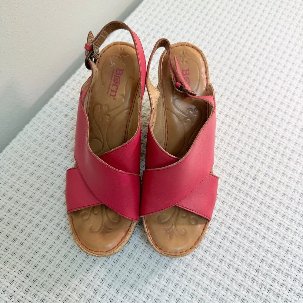 Born Wedge Sandals Women 9 Fuchsia Leather Crisscross Slingback Boho Summer Bold